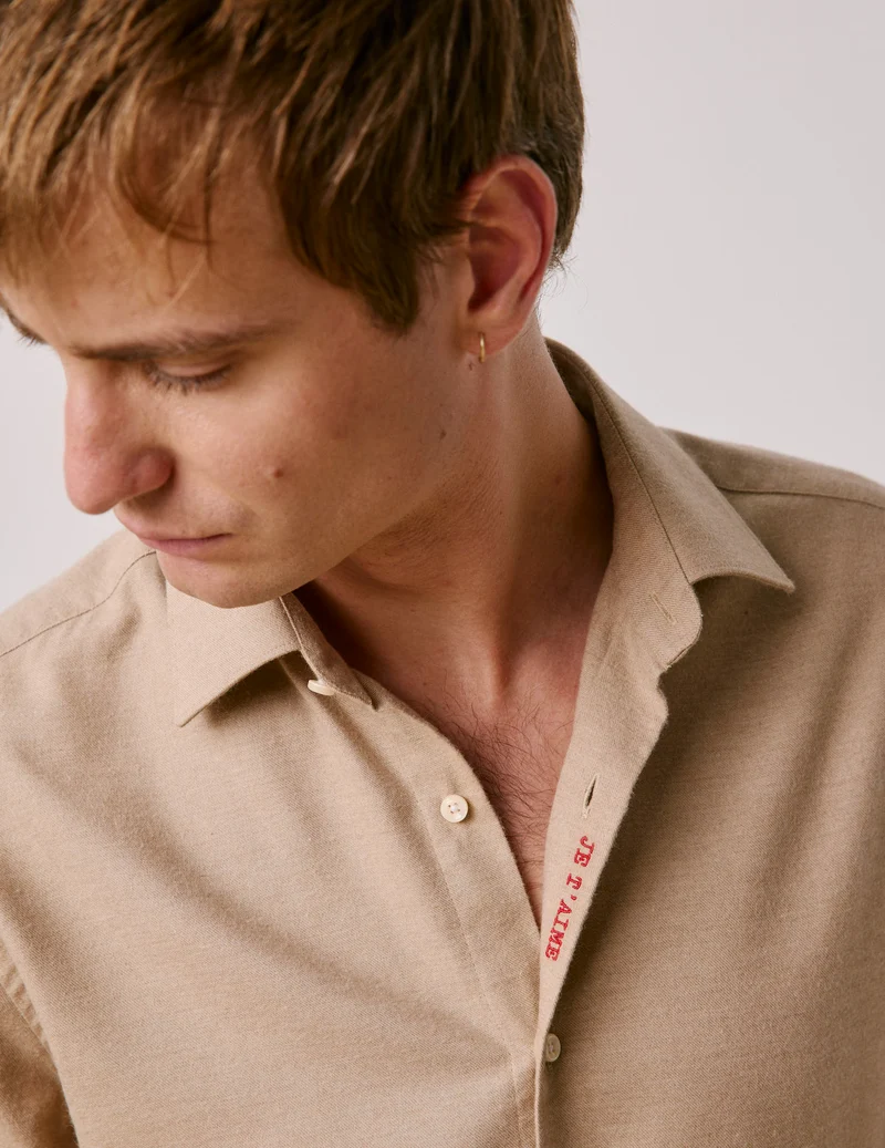 Chemise mixte "Je t'aime" en coton et cachemire beige