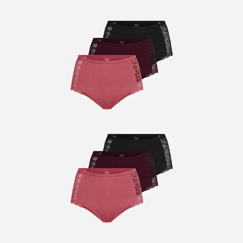 High Waist Hipster Panties mit Spitze | Mix (Mauve/Weinrot/Schwarz)