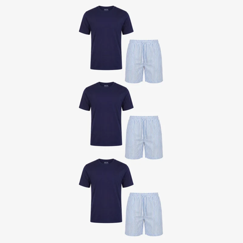 Schlafanzug Set Gestreift Herren Kurz | Blue Breeze/Weiß