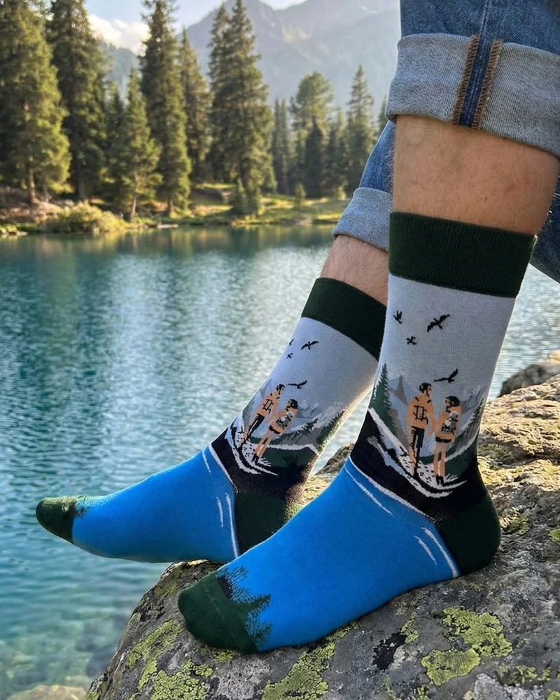 Couple Hiking Socks Blue Adventure Theme