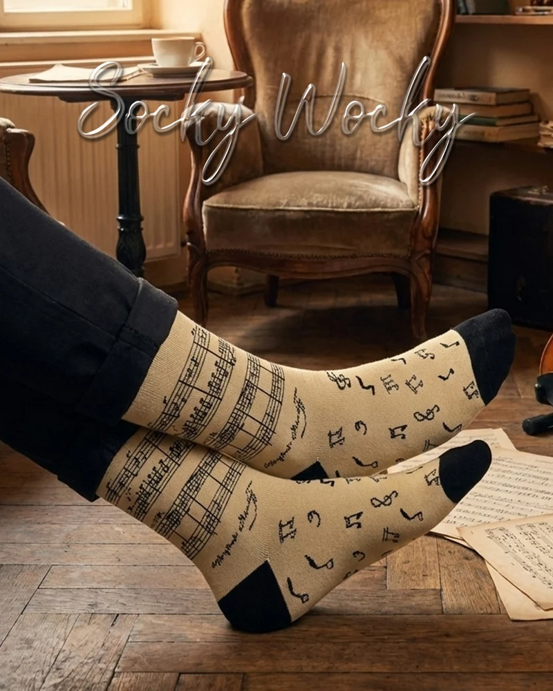 Cream Notes Socks Soft Music Pattern Line