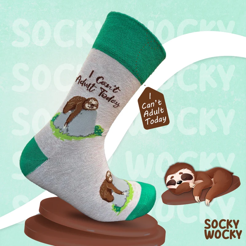 I Can’t Adult Today Socks Funny Sloth Design Cotton Crew Socks