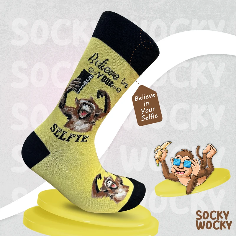 Believe In Your Selfie Monkey Socks Fun Expression Edition