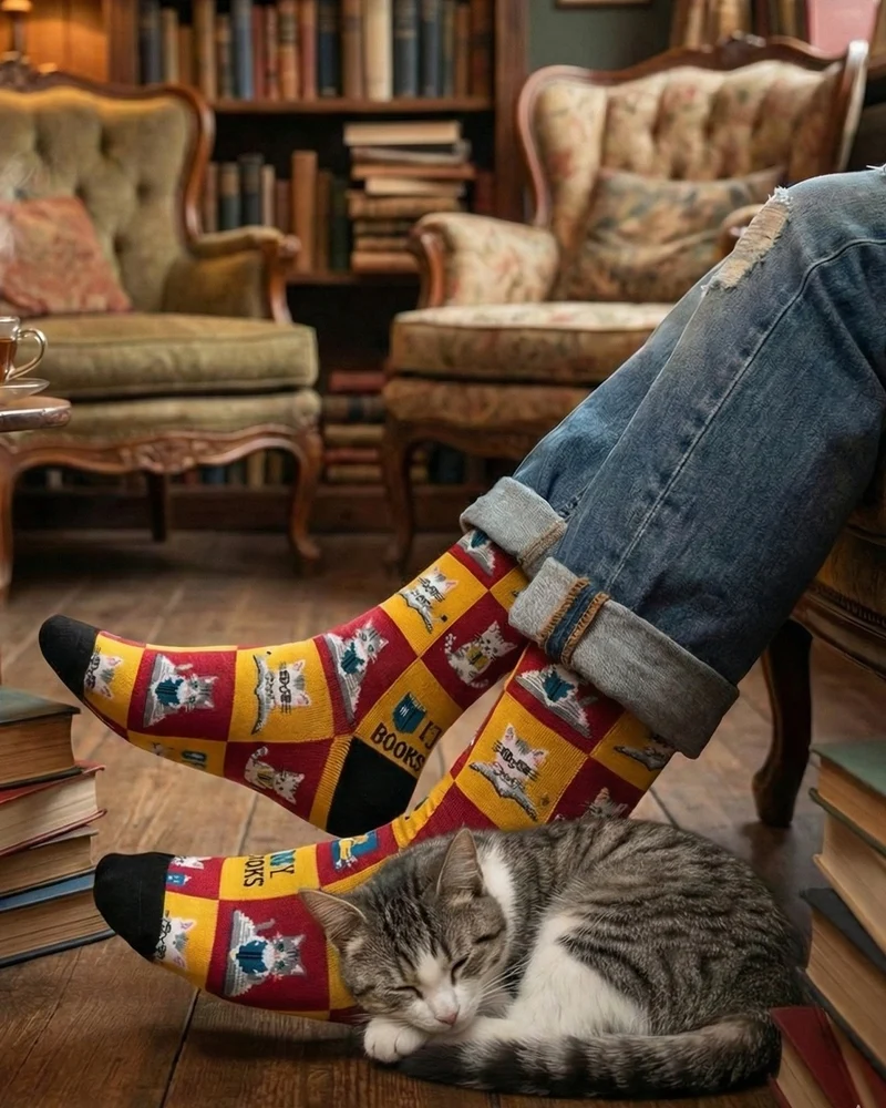 Book and Cats Socks Cozy Reading Edition