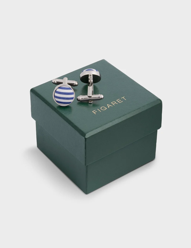 Boutons de manchette argentés et insert en popeline rayée marine