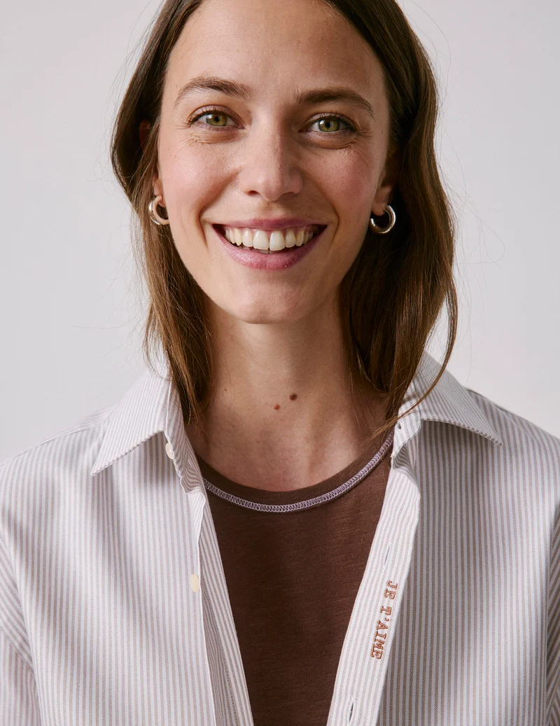 Chemise mixte "Je t'aime" rayée beige
