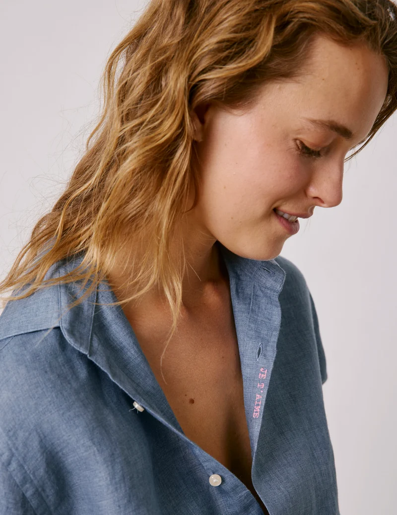 Chemise mixte "Je t'aime" en lin bleu