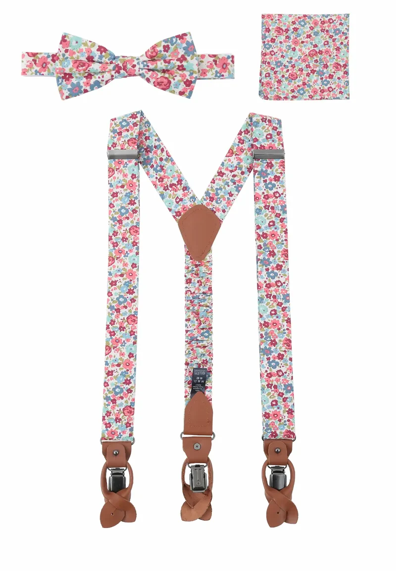 Hosenträger Set Herren mit Fliege & Einstecktuch aus Baumwolle - Blumenmuster