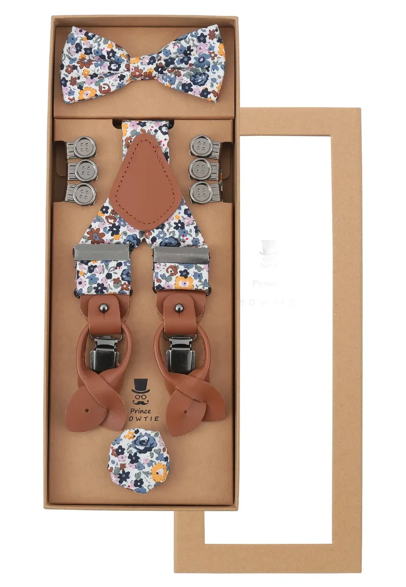 Hosenträger Set Herren mit Fliege & Einstecktuch aus Baumwolle - Blumenmuster