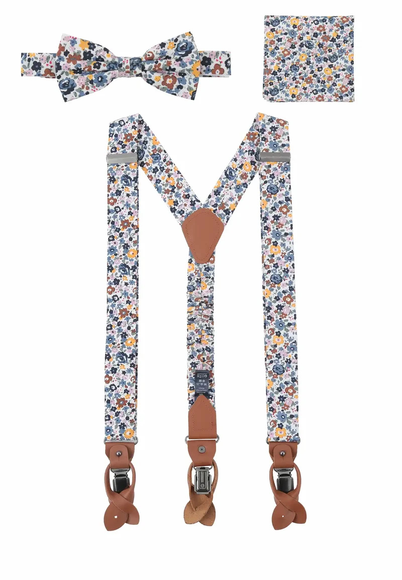 Hosenträger Set Herren mit Fliege & Einstecktuch aus Baumwolle - Blumenmuster