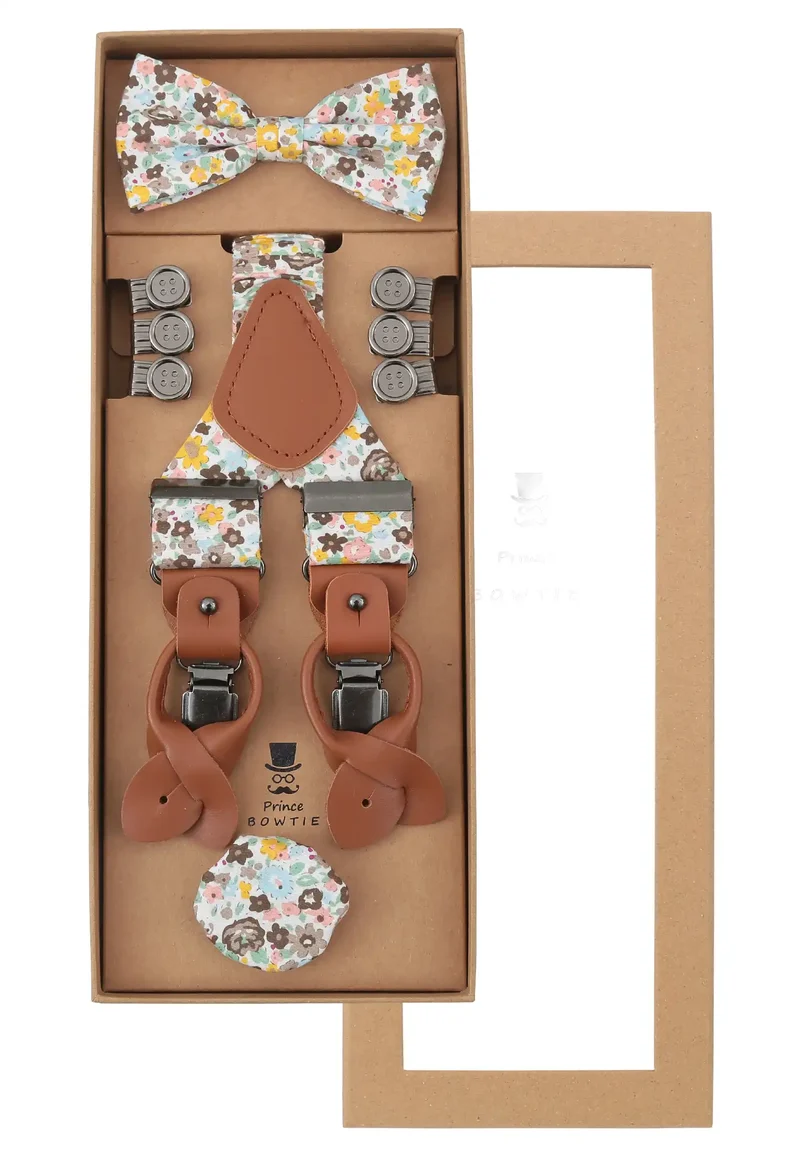 Hosenträger Set Herren mit Fliege & Einstecktuch aus Baumwolle - Blumenmuster