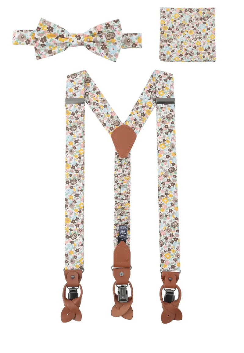 Hosenträger Set Herren mit Fliege & Einstecktuch aus Baumwolle - Blumenmuster