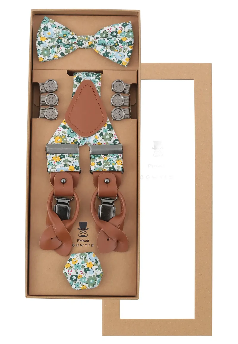 Hosenträger Set Herren mit Fliege & Einstecktuch aus Baumwolle - Blumenmuster