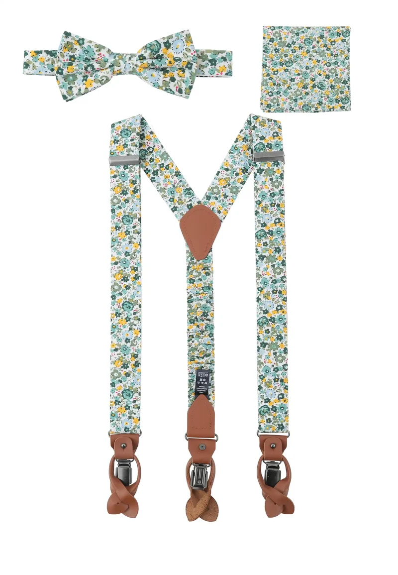 Hosenträger Set Herren mit Fliege & Einstecktuch aus Baumwolle - Blumenmuster
