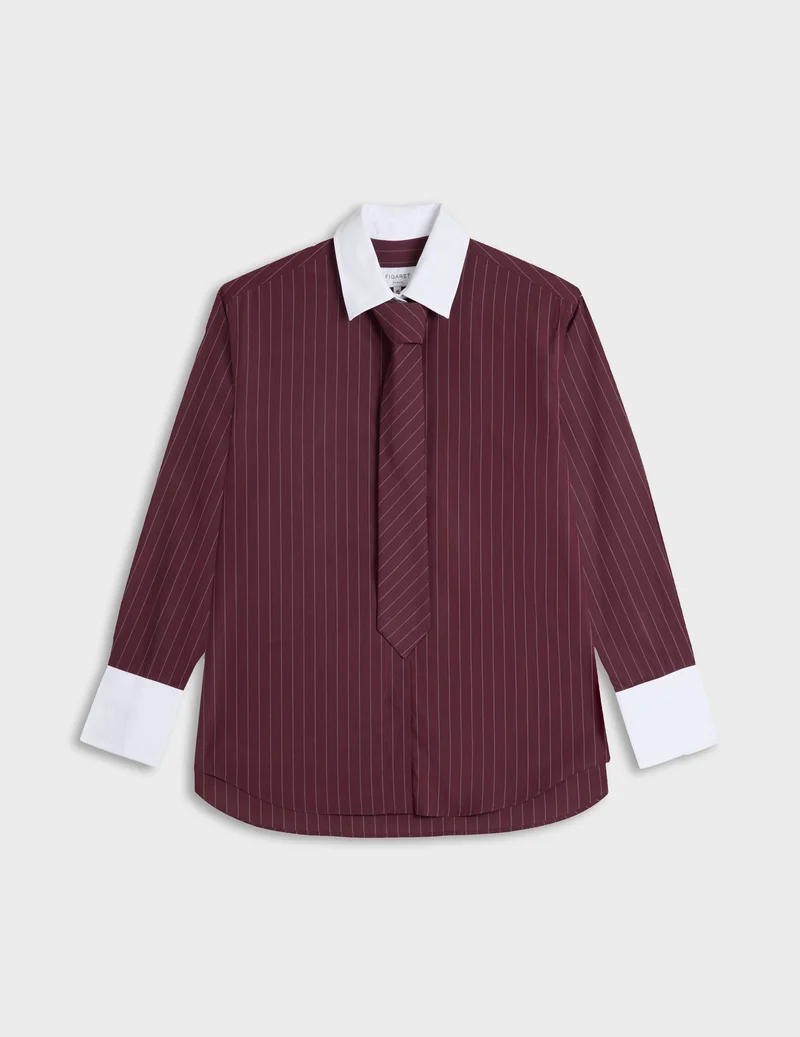 Chemise Naéline avec cravate amovible rayée bordeaux