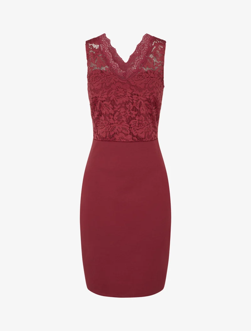 Ärmelloses, figurbetontes Kleid mit Spitzenoberteil - Bordeaux