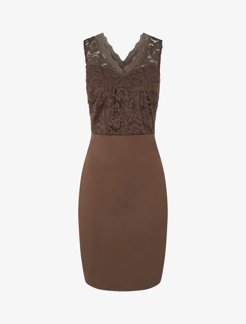 Ärmelloses, figurbetontes Kleid mit Spitzenoberteil - Braun