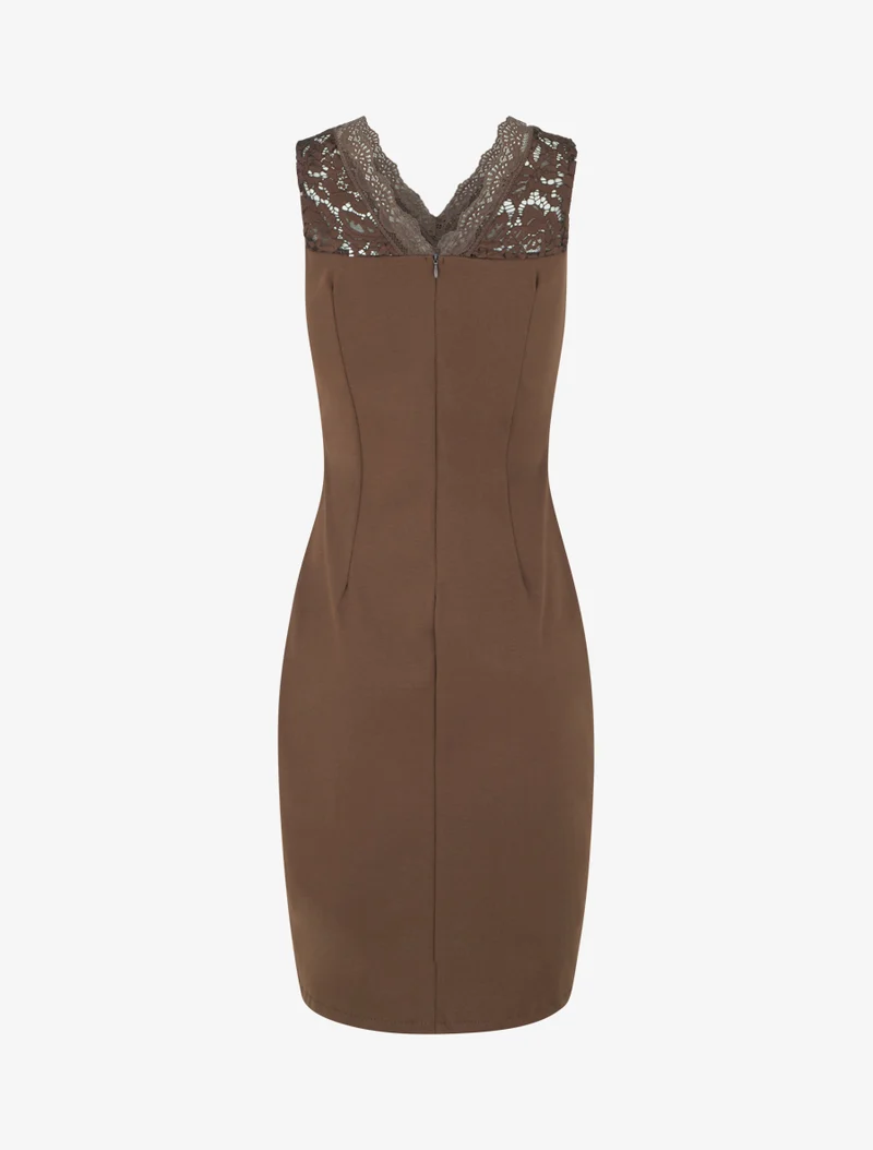 Ärmelloses, figurbetontes Kleid mit Spitzenoberteil - Braun