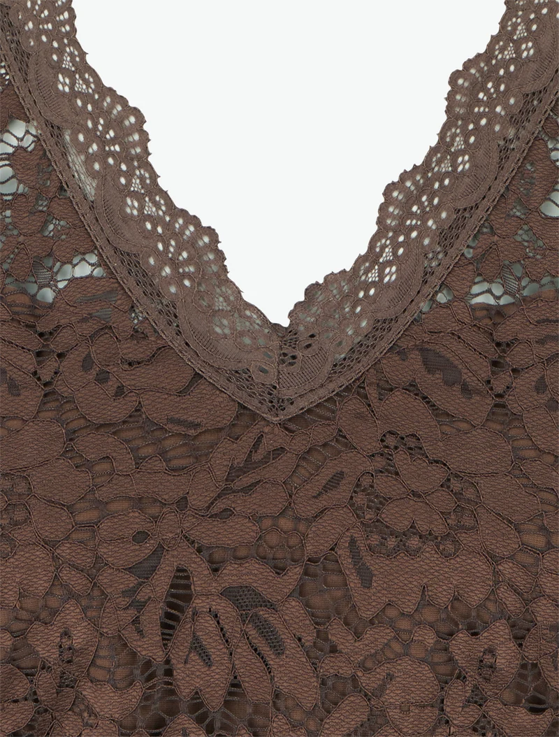 Ärmelloses, figurbetontes Kleid mit Spitzenoberteil - Braun