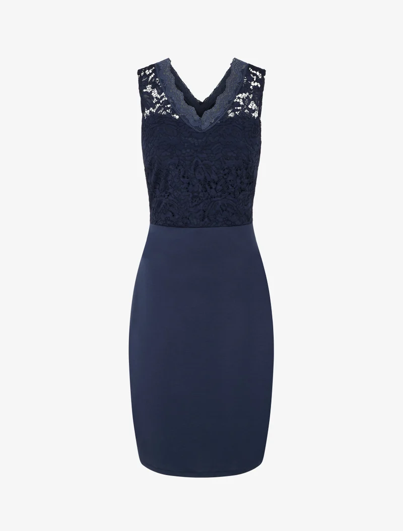 Ärmelloses, figurbetontes Kleid mit Spitzenoberteil - Marine