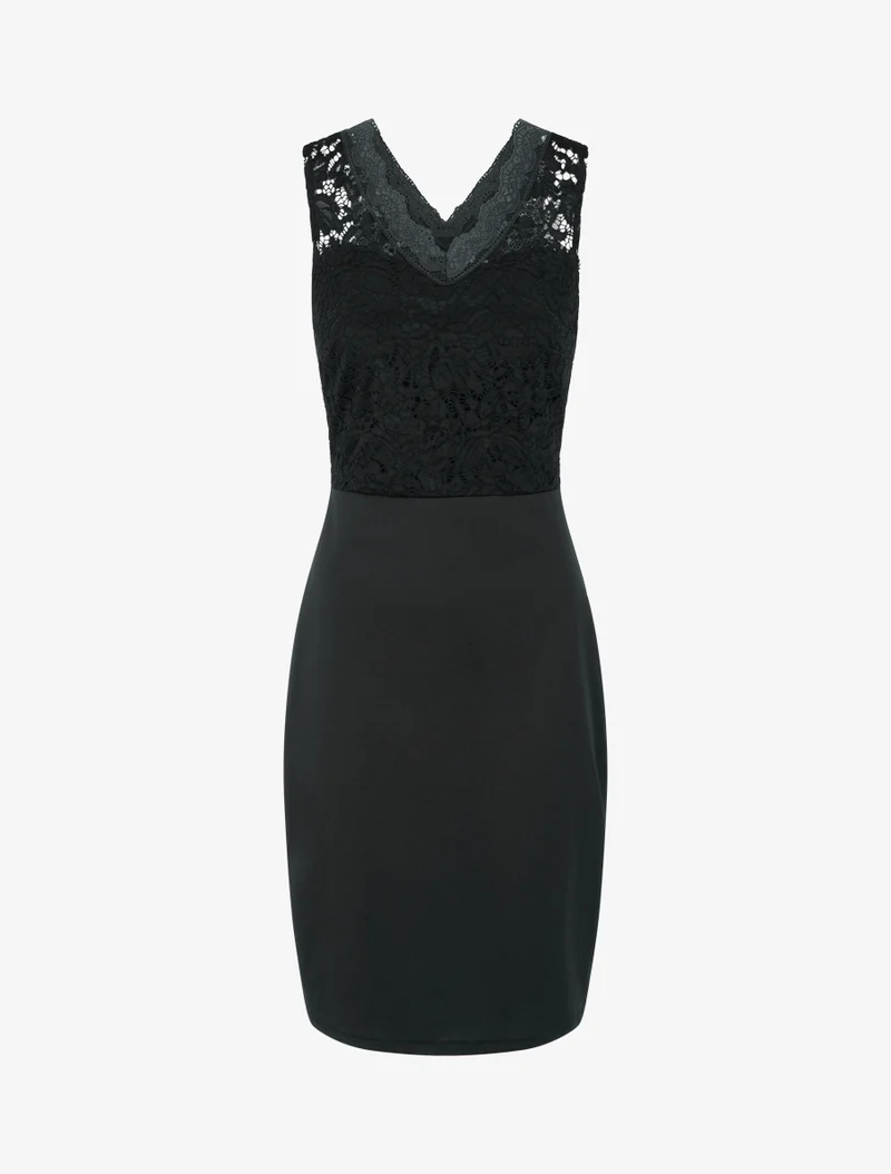 Ärmelloses, figurbetontes Kleid mit Spitzenoberteil - Schwarz