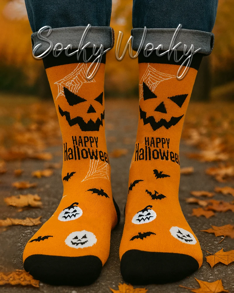 Happy Halloween Orange Socks Spooky Season Edition