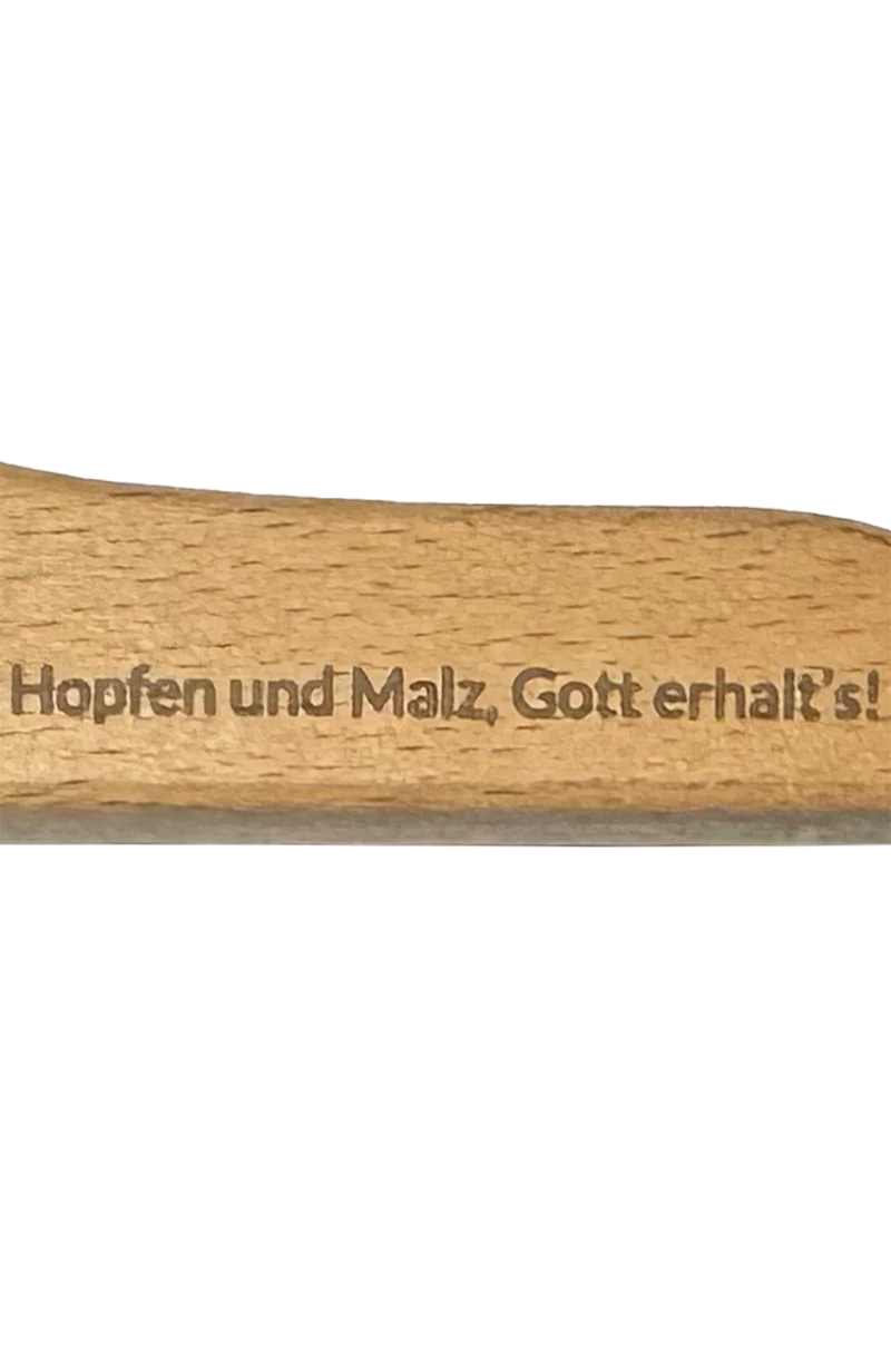 Flaschenöffner Holz mit Spruch und Nagel - hopfen malz