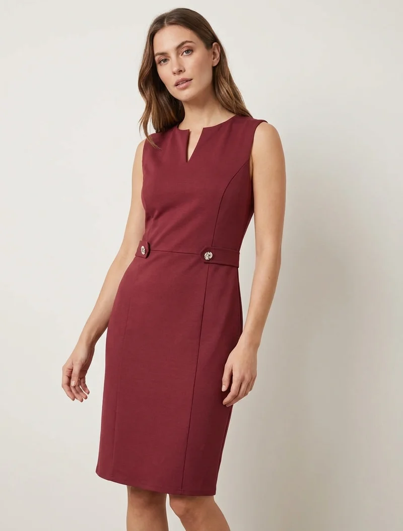 Ärmelloses, gerades Kleid mit dekorativen Knöpfen - Bordeaux