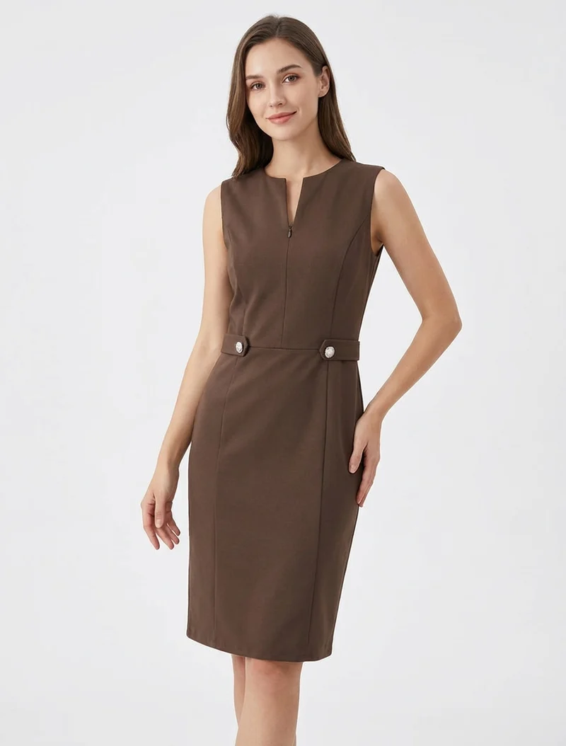 Ärmelloses, gerades Kleid mit dekorativen Knöpfen - Braun