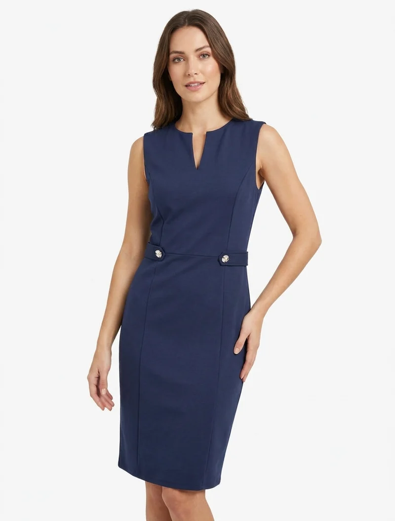 Ärmelloses, gerades Kleid mit dekorativen Knöpfen - Marine