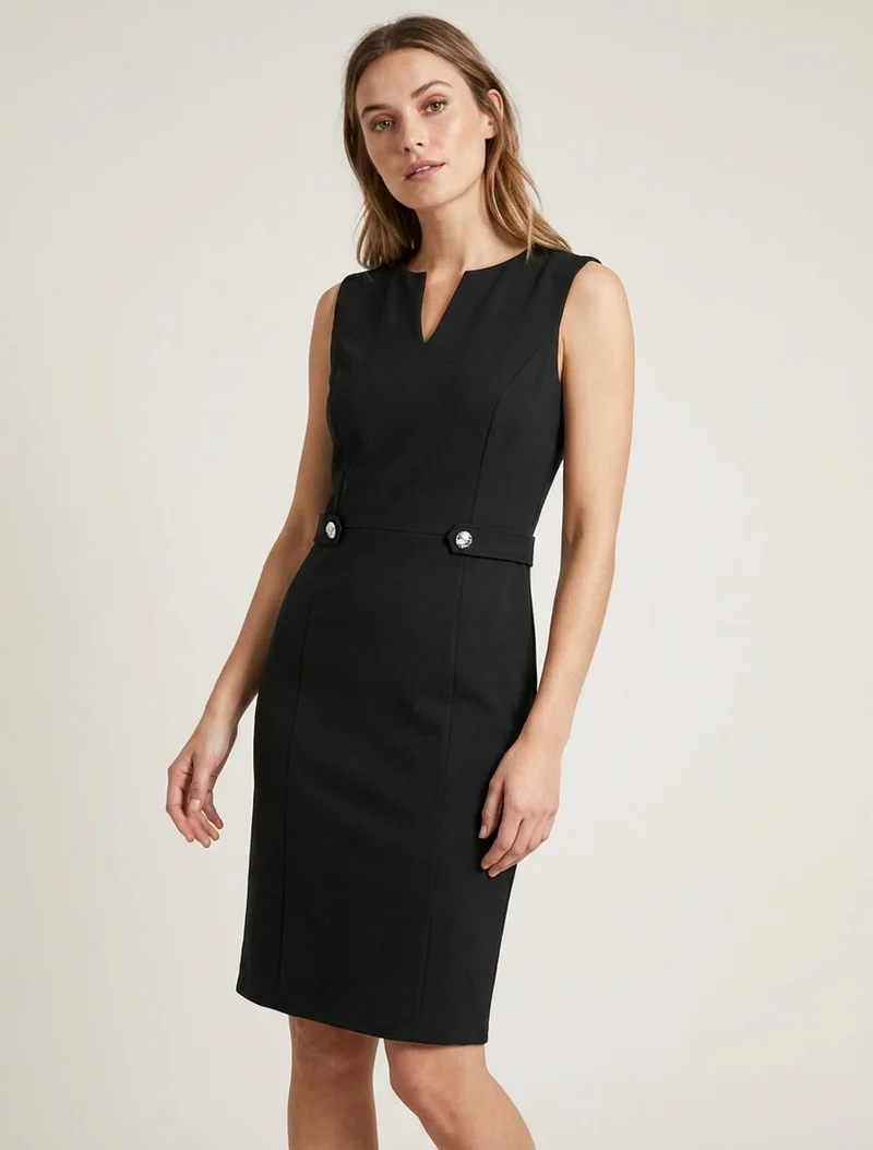 Ärmelloses, gerades Kleid mit dekorativen Knöpfen - Schwarz