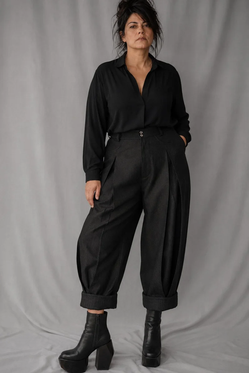 eigensinnig wien | Fratschlerin | Schwarze Designerhose mit doppelten Bundfalten aus reiner italienischer Schurwolle