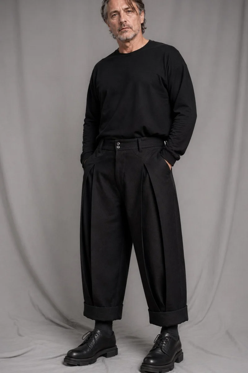 eigensinnig wien | Fratschlerin | Schwarze Designerhose mit doppelten Bundfalten aus reiner italienischer Schurwolle