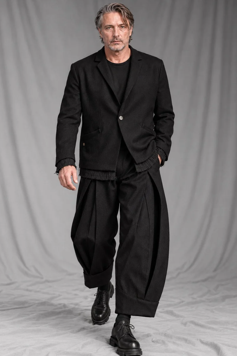 eigensinnig wien | VinFra | Schwarzer Designer-Anzug für Herren mit weiter Bundfaltenhose aus italienischer Wolle