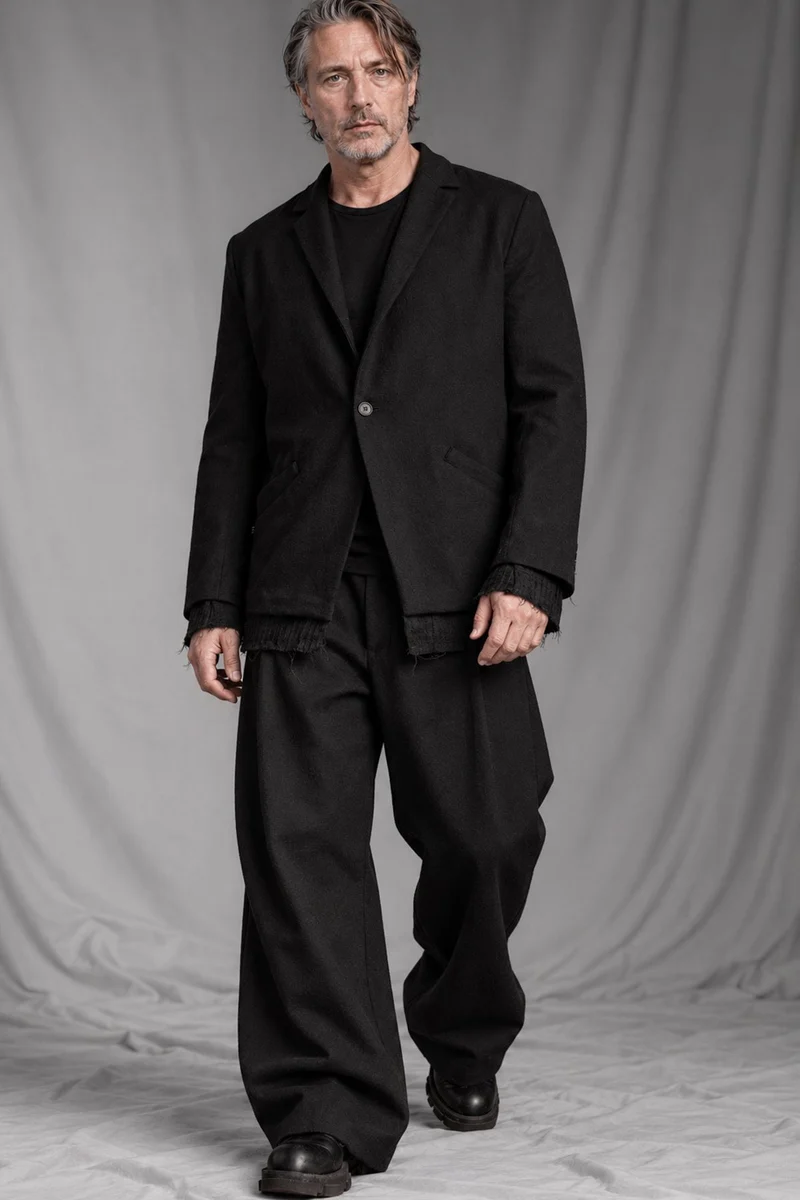 eigensinnig wien | BanVin | Schwarzer Designer Baggy Anzug für Herren aus italienischer Luxuswolle
