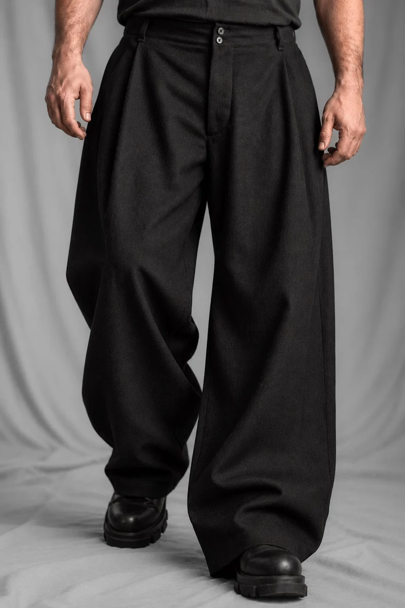 eigensinnig wien | Bandlkramer | Schwarze, weite Designerhose mit Bundfalten aus italienischer Wolle