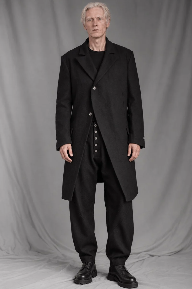eigensinnig wien | RotPes | Extravagenter Herren-Designeranzug mit langem Mantel und Knickerbockerhose aus italienischer Luxuswolle