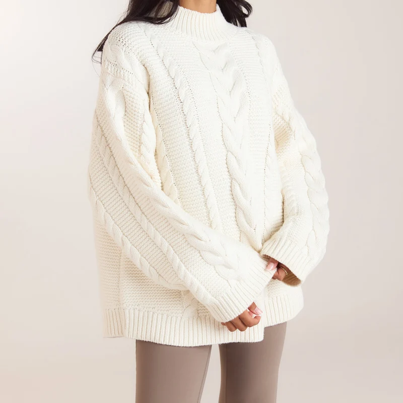 Oversized-Strickpullover mit Zopfmuster - Crèmefarbe