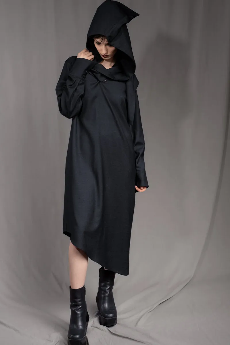 eigensinnig wien | Rübezahl | Nachtblauer Hooded Gown mit Schal aus Seide/Wolle