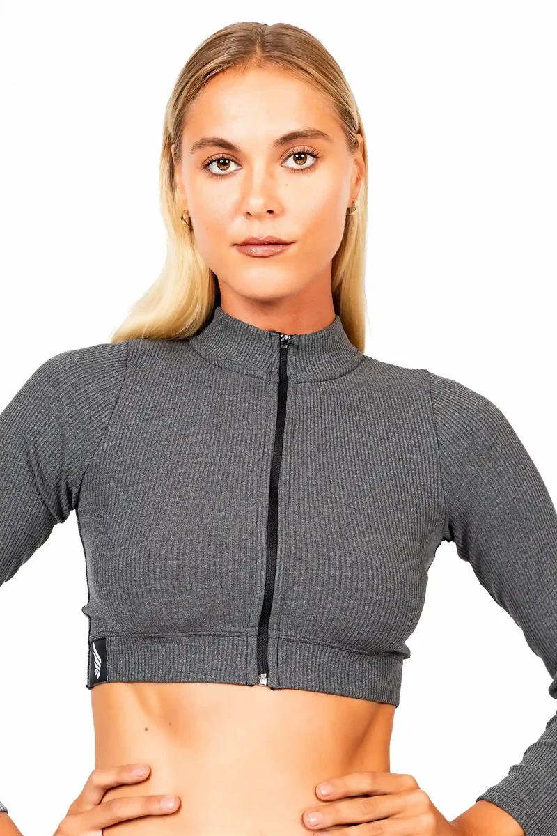 Graues Crop-Top Gravity Zipped aus recyceltem Polyester von Nivays