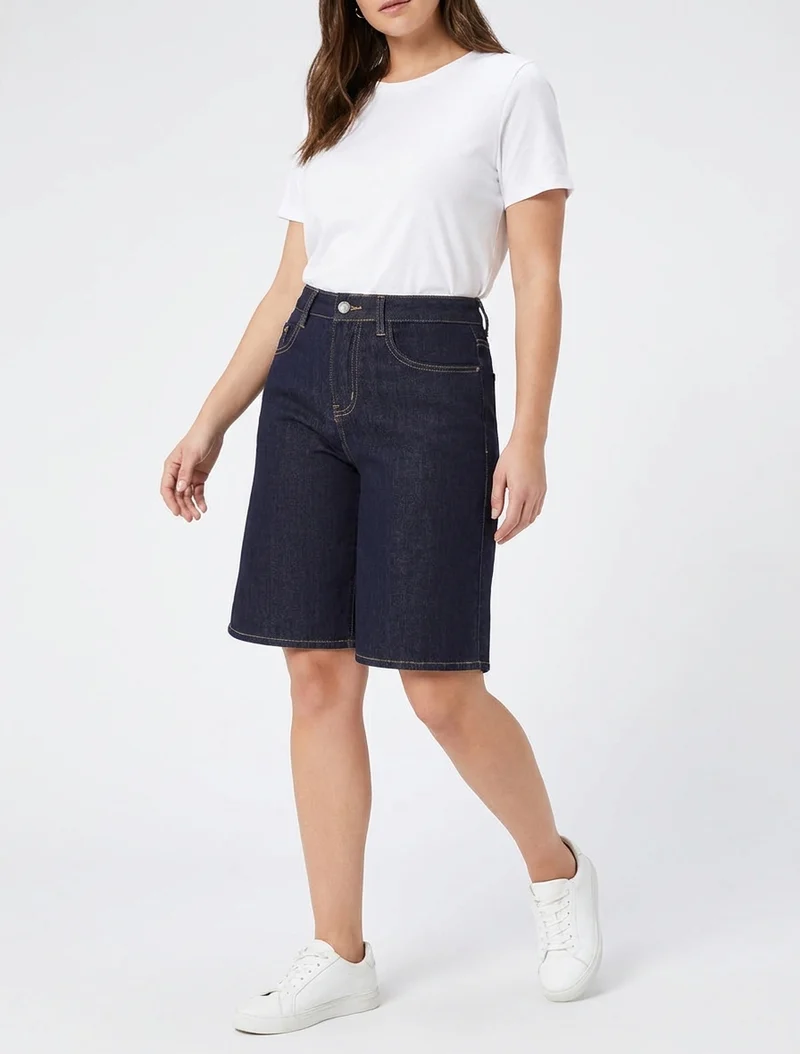 High-Waist-Jeans-Bermuda - Rohblau