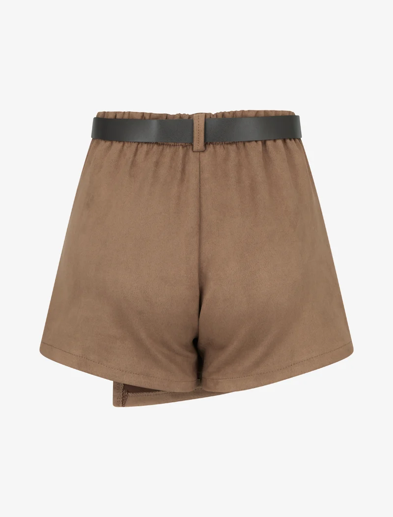 Wildleder-Shortsrock mit dekorativen Knöpfen - Kamel
