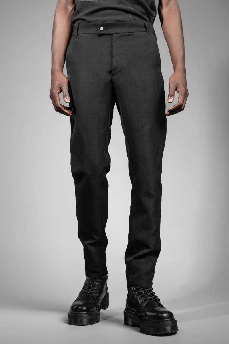 eigensinnig wien | Egger | Schwarze Designer Herren Streifen-Hose aus japanischem Wolle-Leinen-Mix