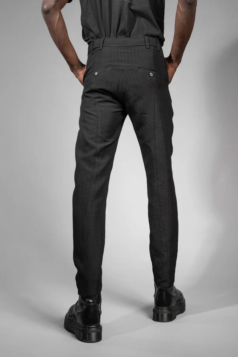 eigensinnig wien | Egger | Schwarze Designer Herren Streifen-Hose aus japanischem Wolle-Leinen-Mix