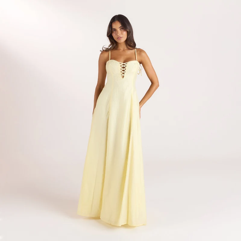 Bestickter Maxikleid mit Korsetdetail - Zitrone