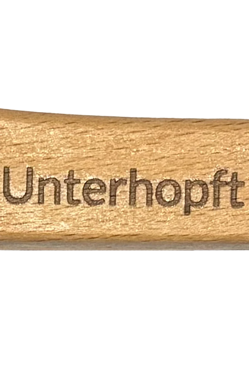 Flaschenöffner Holz mit Spruch und Nagel - unterhopft