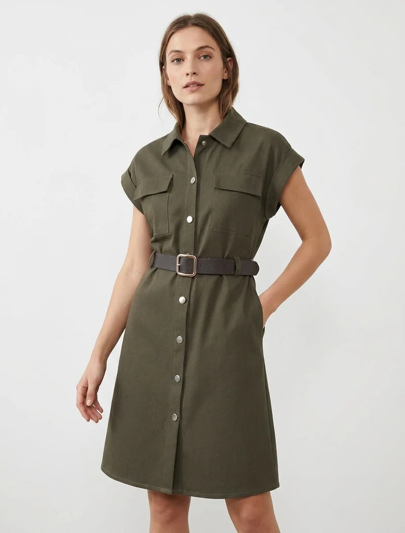A-Linien-Hemdkleid mit kurzen Ärmeln - Kaki