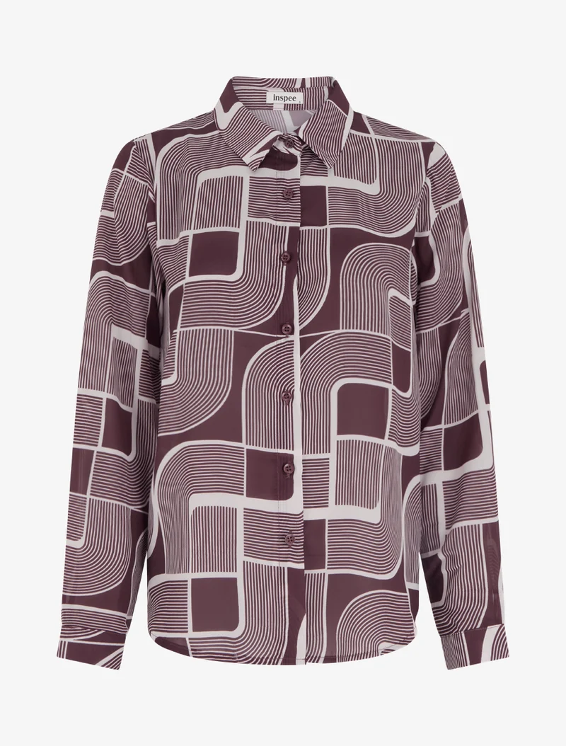 Transparente fließende Bluse mit grafischem Druck - Pflaume