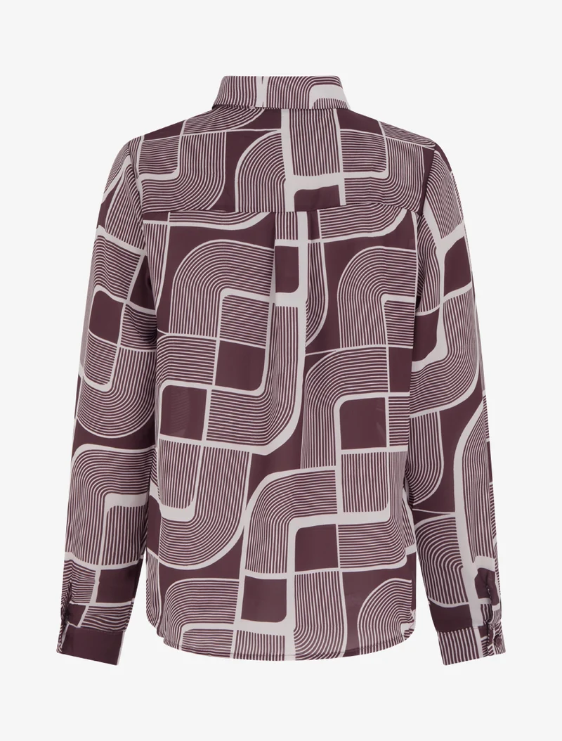 Transparente fließende Bluse mit grafischem Druck - Pflaume