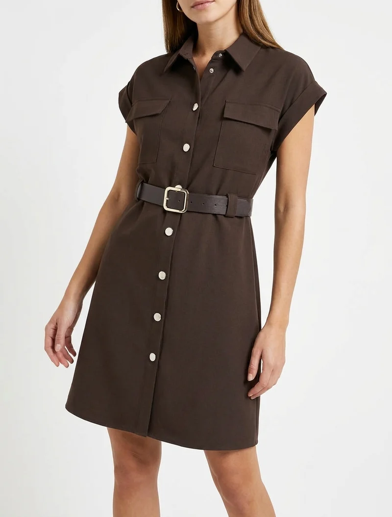 A-Linien-Hemdkleid mit kurzen Ärmeln - Braun